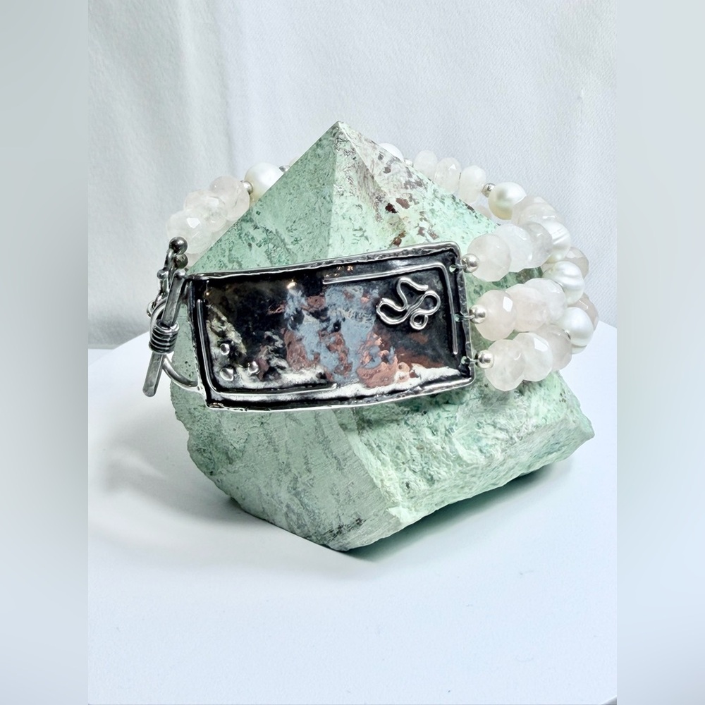Silpada Rare Sterling Silver 3-Strand Pearl & Rose Quartz Toggle Clasp Bracelet